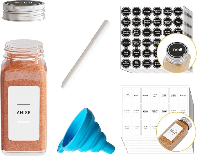 SpaceAid 24 Pcs Spice Jars with Labels, Empty 4oz Glass Spice Bottles, Minimalist Farmhouse Spice Labels Stickers with Funnel, Seasoning Containers for Spice Rack, Cabinet and Drawer