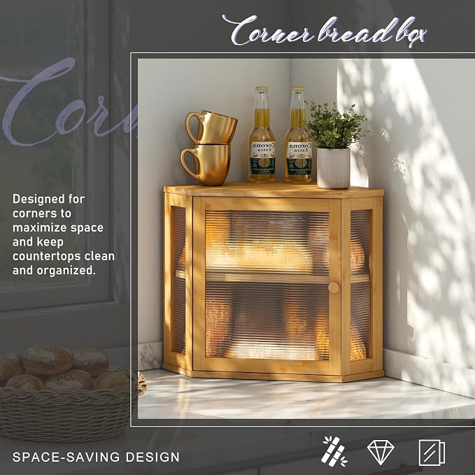 Corner Bread box for Kitchen Countertop,Farmhouse Bread Box with Acrylic Wavy Door Panel,Large Bread box for kitchen countertop,Kitchen Countertop Food Storage Container (Natural, Meduim)