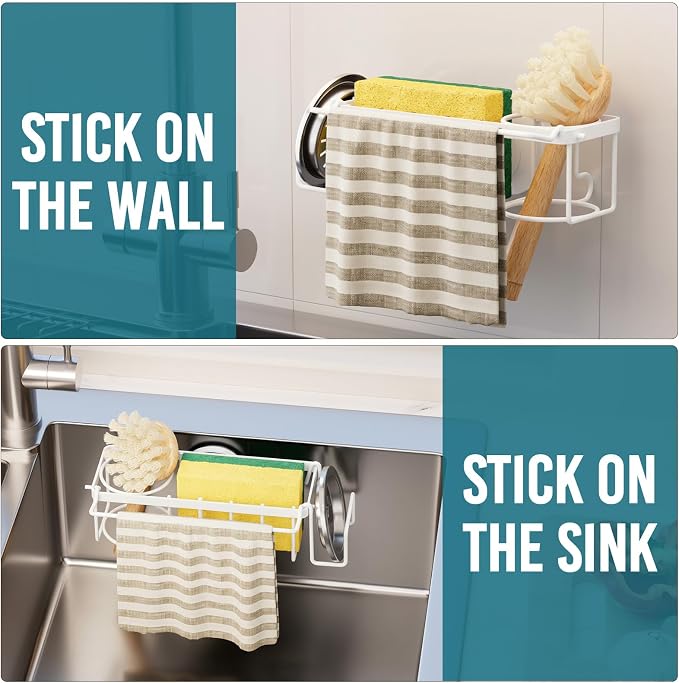 TAILI 4-in-1 Sink Sponge Holder for Kitchen with Strong Suction Cup-White | Removable Sink Caddy with Suction Cup, Rustproof 304 Stainless Steel Multi-compartment Sink Organizer for Sponge, Brushes