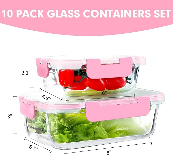 VERONES 10 PACK Glass Meal Prep Containers Set with Lids, Pink | Airtight & Stackable Glass Food Storage Containers Set with Lids, for Microwave, Oven, Freezer & Dishwasher Friendly