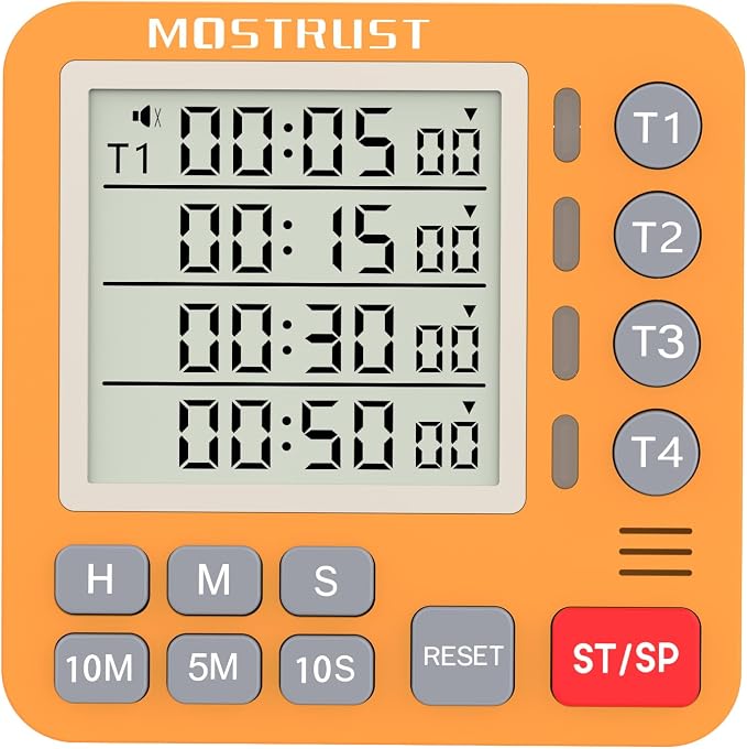 Digital Dual Kitchen Timer, Multiple Channels Countdown Timer | 4-Groups Timer with Magnetic-Back Memory-Preset Large Display Adjustable Alarm Volume, 3A Battery Included, Ideal for Cooking