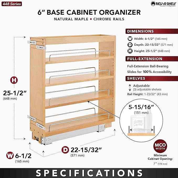 Rev-A-Shelf Pullout Kitchen Cabinet Organizer, Min Cabinet Opening 7" W | 7" W Full Extension Slide-Out Organizer with Adjustable Shelves for Full Height Base Cabinets, 448-BC-6C
