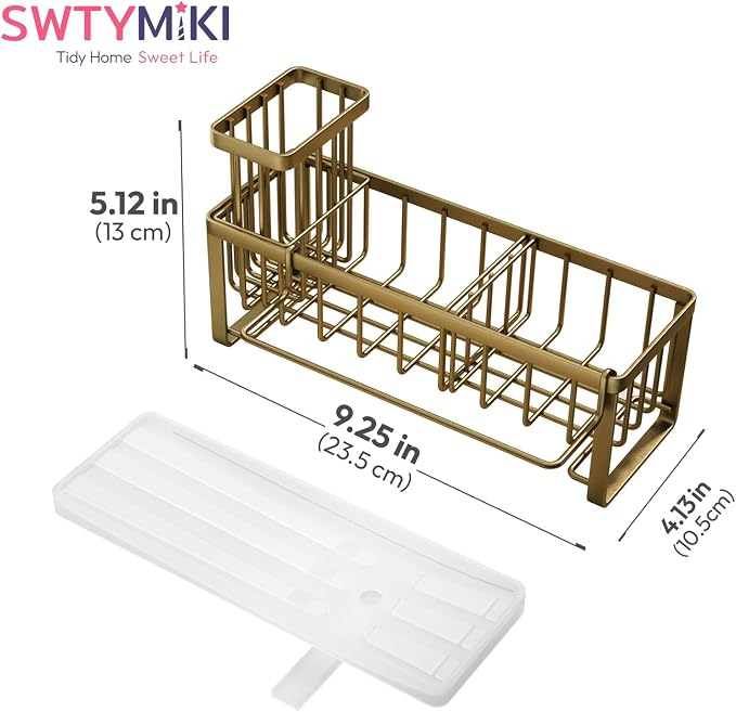 SWTYMIKI Sponge Holder for Kitchen Sink - Sink Caddy with Brush Holder Self-draining Sponge Caddy Organizer with Divider Stainless Steel Kitchen Accessories Storage for Countertop, Dark Gold