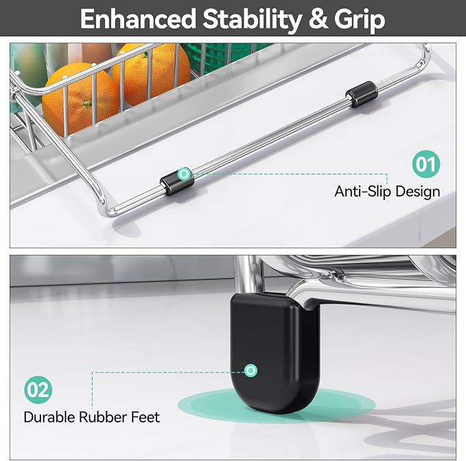 Urackify 304Stainless Steel Expandable Over Sink & in Sink Dish Rack,Silver | Fits over sink for direct drainage, expandable 15-23 inches saves counter space, includes utensil and cup holder
