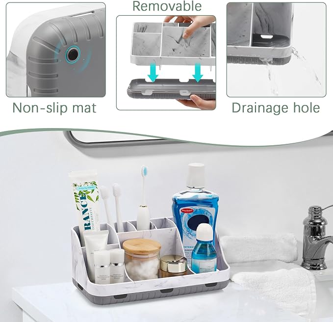 GFWARE Marble Bathroom Countertop Organizer - Detachable 7 Slots Kids Electric Toothbrush and Toothpaste Holde Drainage for Bathroom Accessories Organization Counter Vanity Storage, Grey | Detachable 7 Slots Kid Electric Toothbrush and Toothpaste Holde...