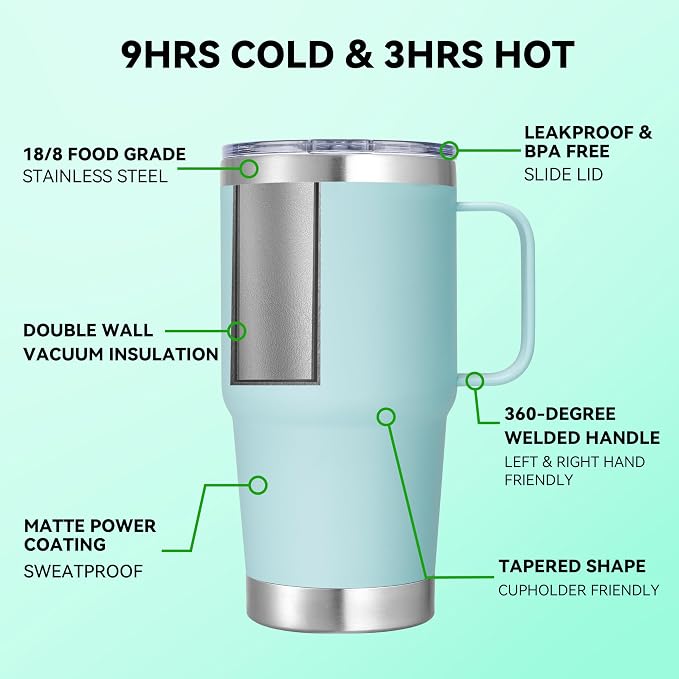 20 oz Stainless Steel Tumbler with Handle Bulk Metal Insulated Tumblers Travel Coffee Mug with Handle Double Wall Tumbler Cup with Lid and Straw, Mint Green 12 Pack