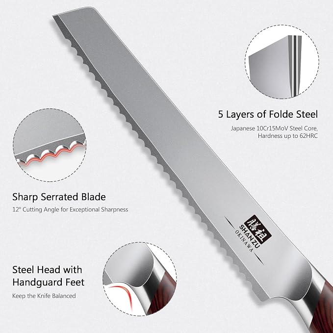 SHAN ZU Bread Knife 8 In, High Carbon 10Cr15Mov Stainless Steel Cake Knife | Japanese Razor Sharp Sourdough Slicing Knife, Multifunction Serrated knife for Homemade Bread