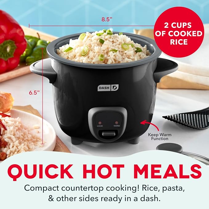 Dash Mini Rice Cooker, 2-Cup Removable Ceramic Nonstick Pot, Black | Small Rice Cooker, Rice Maker for One, Keep Warm Function, Cooks Oatmeal, Quinoa & Grains