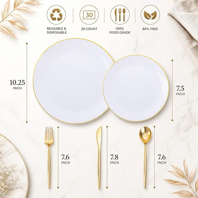 150 Gold Plastic Plates, White and Gold Disposable Plates for Party | Gold Plastic Plates ,White Plates with Gold Rim Set Include 30 Dinner Plates,30 Dessert Plates,90 Gold Cutlery for Wedding