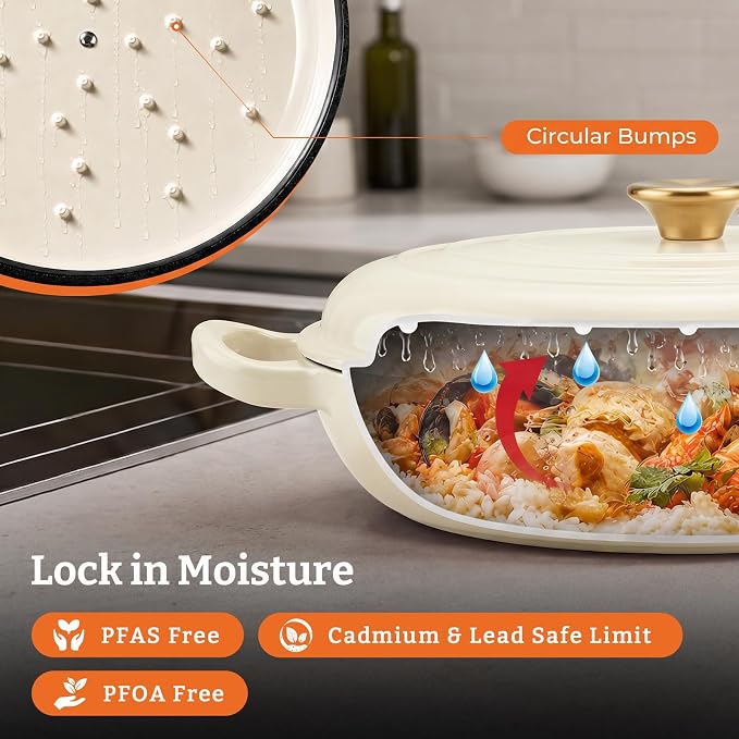 Cast Iron Dutch Oven–3 Layers Enameled Shallow Braiser & Casserole Pot with Lid, Even-Heating, Stovetop & Oven Safe to 500°F, 3.8 Quart for Family & Parties Meals(White)