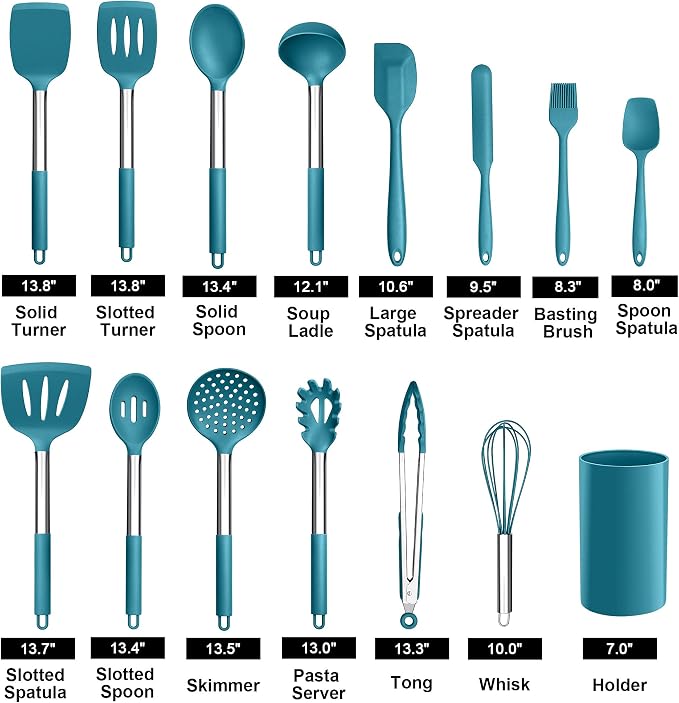 LIANYU 15-Piece Kitchen Cooking Utensils Set with Holder | Silicone Kitchen Tools Stainless Steel Handle, Slotted Spatula Spoon Turner Tong Whisk Brush for Cooking, Dark Blue