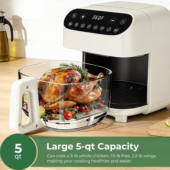 5 QT Glass Air Fryer, Non Toxic Airfryer with Digital Touch Control | 8 Preset Modes, PTFE/PFAS Free, BPA-Free, Uncoated High Borosilicate Glass Basket, Dishwasher Safe, White