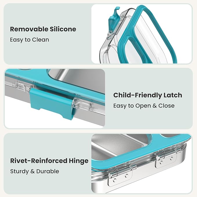 LOHASOK Stainless Steel Bento Lunch Box, 800ml, Blue | 3-Compartment, Leak Proof, Lightweight, Clear Plastic Lid, for Kids Adults, BPA/BPS Free, Dishwasher Safe