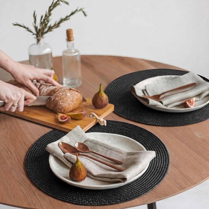 FunWheat Round Braided Placemats Set of 8 Place Mats for Dining Table Woven Washable Non-Slip Table Mats 15 Inch(Black,8pcs)