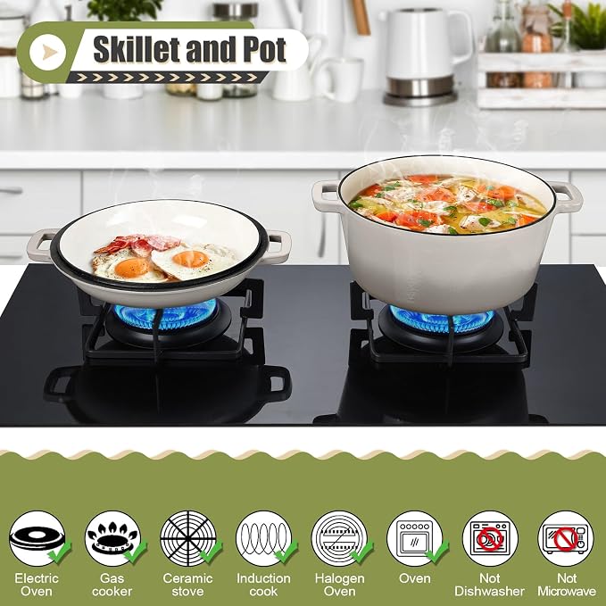 P&P CHEF 2 In 1 Khaki Dutch Oven Pot with Lid for Bread Baking, 5Qt | Cast Iron Bread Dutch Oven, Skillet & Pot for Roasting Braising Stewing Frying Simmering, Multi Stoves & Oven Safe
