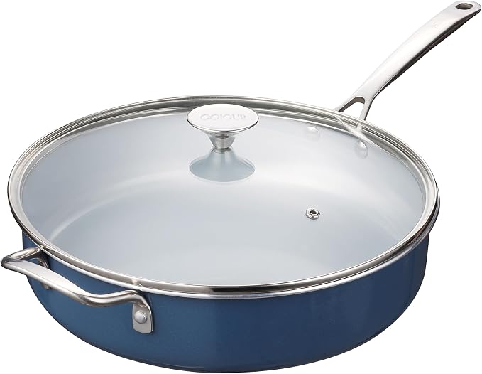 Nonstick Sauté Pan with Lid 5 QT Deep Frying Pan with Stainless Steel Helper Handle 12 inch Large Skillet Ceramic Jumbo Cooker for Healthy Cooking, Induction Compatible Cookware, PFOA Free