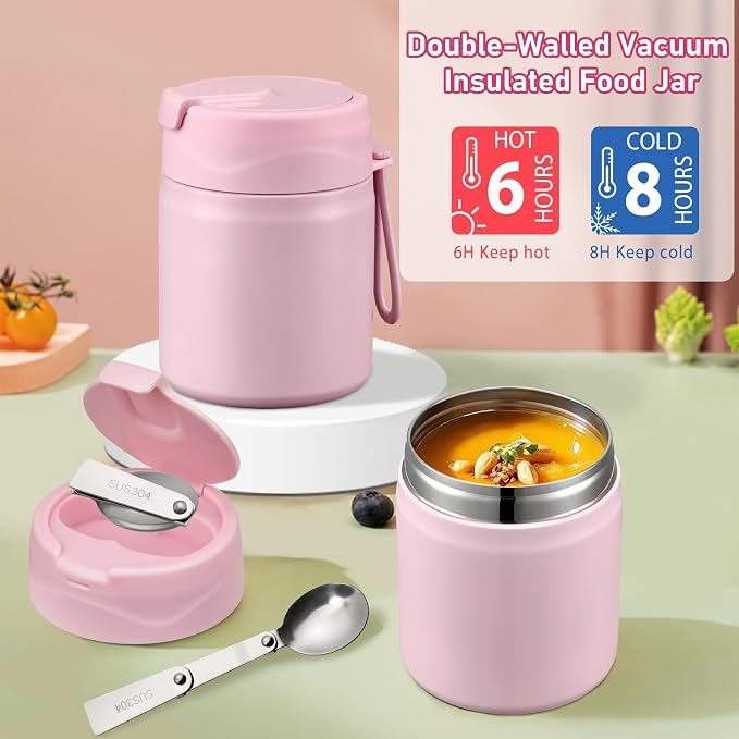 Bento Lunch Box for Kids with 17oz Soup Thermo,Insulated Tumbler Water Bottle and Insulated Lunch Bag,Leak-Proof 3 Compartment Lunch Food Container with Ice Pack for Kids to School-Pink