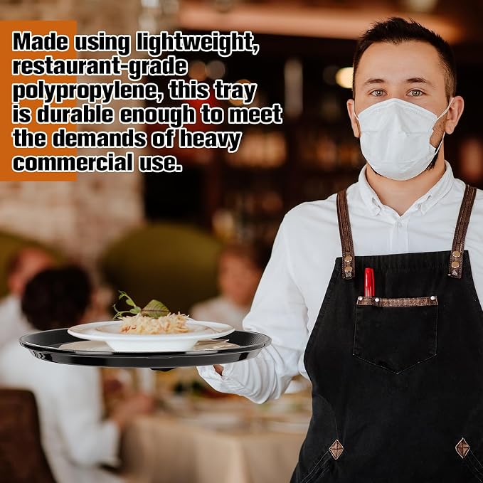 Zopeal 4 Pcs Bar Service Tray Round Plastic Non Slip,11" | For Waiter Server in Restaurant Cafeteria Bar, Raised Edges Prevent Spills, Cocktail Food Server, Textured Surface Grip