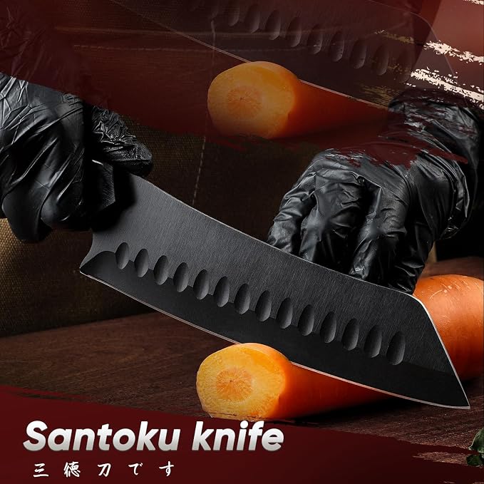 TIVOLI Santoku Knife 7 Inch - Japanese Chef Knife for Fish - Bunka Knives | German High-carbon Steel, Full Tang, Ergonomic Walnut Handle, Gift Box, Dual-Tech Black Shield