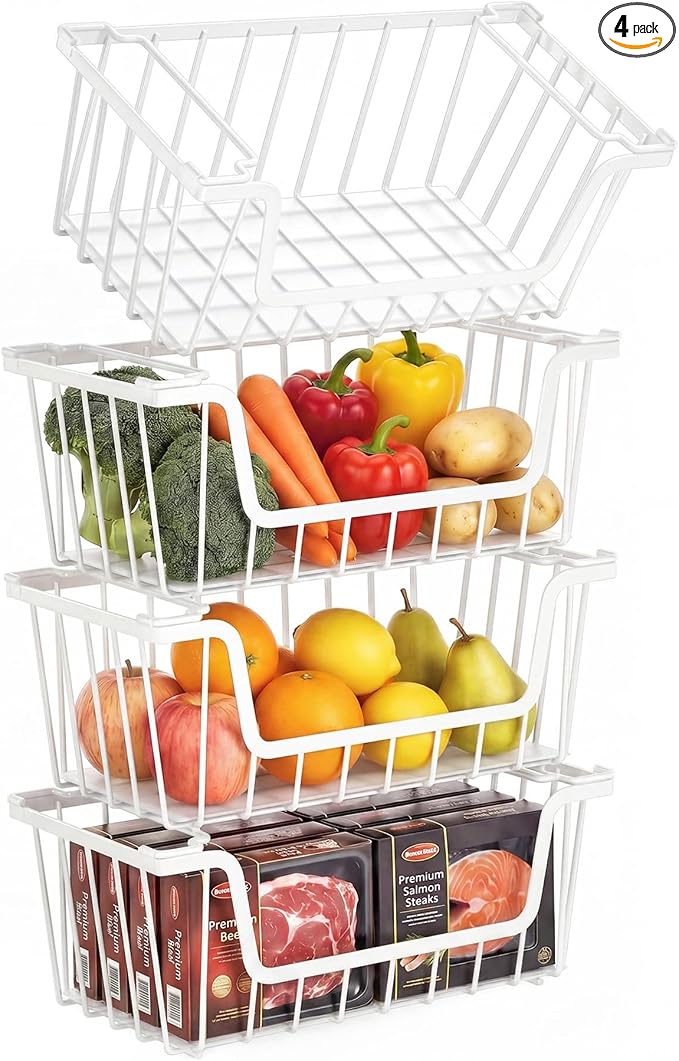 SUNALLY Stackable Storage Bins 4 Pcs Wire Baskets Freezer Organizer, White | Pantry Organizers Storage, Vegetable Fruit Storage Basket for Countertop, Kitchen Baskets for Onion Potato Snack Cans Storage