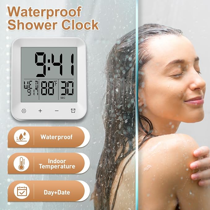 XINKORA Waterproof Shower Clock with Timer, Bathroom Wall Clock Displaying Temperature, Date & Day, Battery Operated LCD Digital Clock for Bath, Kitchen (White)