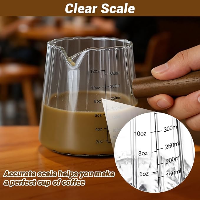 Espresso Measuring Cup 12 Oz, Espresso Glass Cups with Wood Handle, Milk Frothing Cup, Espresso Cup for Coffee, Milk, Tea or Maple Syrup Serving (Transparent, 12 oz)