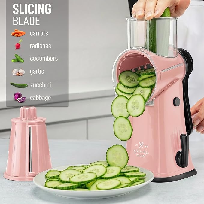 Zulay Kitchen Rotary Cheese Grater 5 Blade Cheese Shredder - Manual Hand Crank Cheese Grater With Reinforced Suction & 5 Interchangeable Drums - Easy to Use, Vegetable Chopper Round Mandoline Slicer