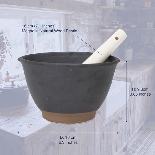 Asayu Japanese Ceramic Black Mortar Bowl with Wooden Pestle 6.3 in (160 mm), Made in Japan Dishwasher and Microwave Safe Ripple Ridge Suribachi and Sukirogi Set