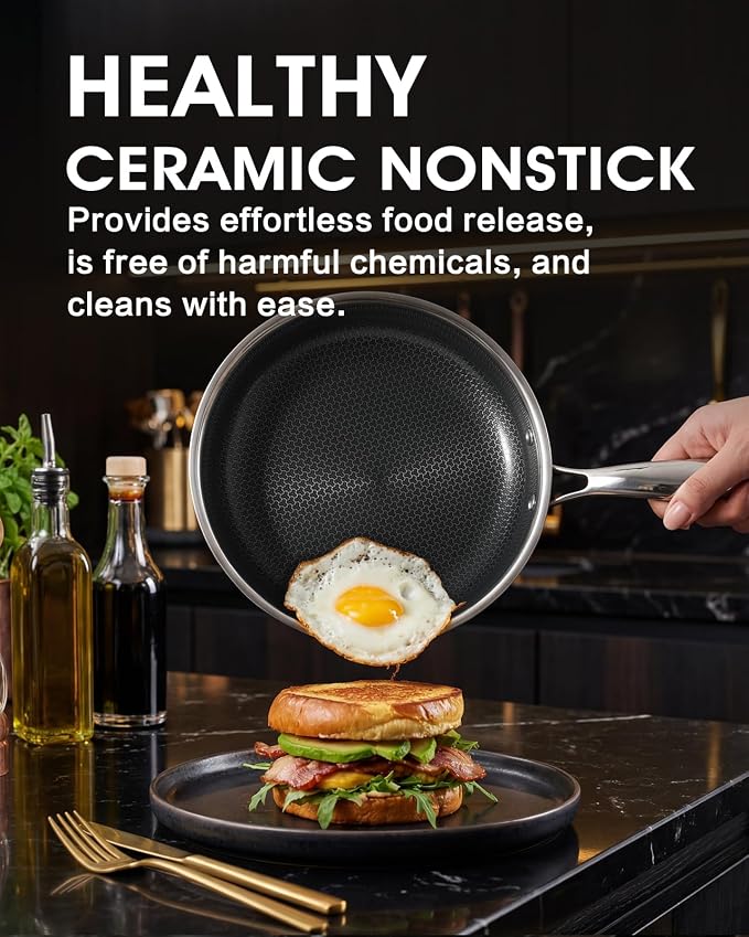 Stainless Steel Non Stick Frying Pan with Lid - PFOA Free | Induction Compatible | Oven & Dishwasher Safe | Stay Cool Handle | Versatile for All Stovetops | Gift