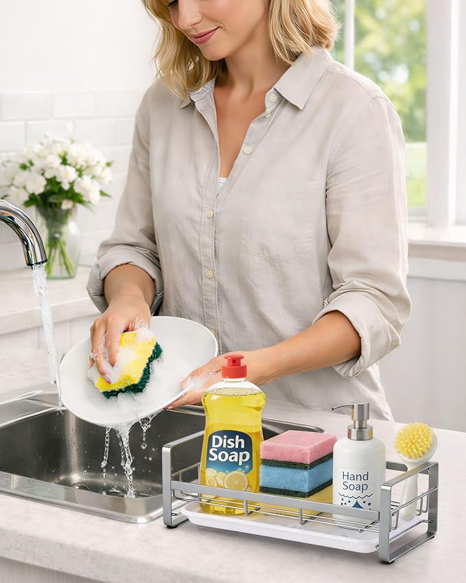 HULISEN Large Kitchen Sponge Holder, 304 Stainless Steel Sink Caddy, Grey | Removable Drain Tray, Holds Sponges Soap Bottles Brushes, Countertop Storage, No Dispenser or Brush