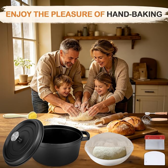 Dutch Oven for Bread Baking 5QT Cast Iron Sourdough Dutch Oven Pot with lid | Banneton Bread Proofing Basket, Mitts & Baking Supplies, Sourdough Starter Kit for Bread Making Frying Braising Camping