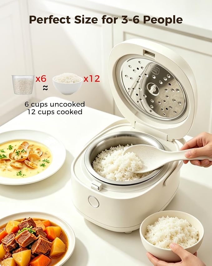 Novaspark Stainless Steel Rice Cooker Small 6 Cup (Uncooked) / 12-Cup (Cooked) with Stainless Steel Inner Pot, Compact Mini Rice Cooker Small Kitchen, Low Carb Rice Maker, 24H Timer and Auto Keep Warm