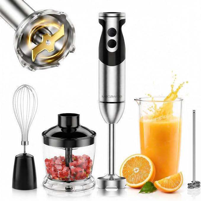 MegaWise Pro Titanium Reinforced 5-in-1 Immersion Hand Blender, Powerful Motor with 80% Sharper Blades, 12-Speed Corded Blender, Including 500ml Chopper, 600ml Beaker, Whisk and Milk Frother (Black)