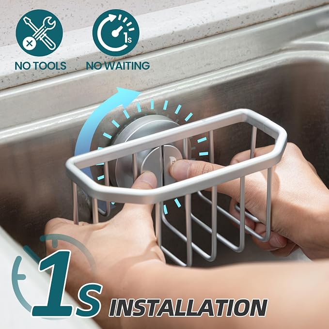 TAILI Sink Caddy with Strong Suction Cup, Sponge Holder for Sink-Silver | for Kitchen Sink Organizer, Removable Sponge Caddy Inside Sink, Rustproof Aluminum Holder for Sponges, Brushes, Scrubber