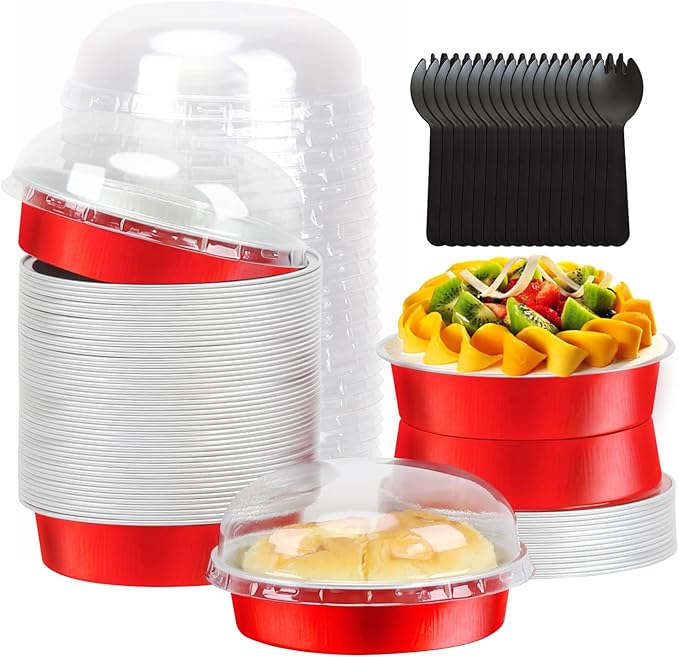 LNYZQUS 8oz Mini Pie Tins with Lids 50 Pack, 4 Inch Individual Cake Pans | Foil Disposable, Small Cake Tins, Mini Pie Containers, for Christmas Bake Sale Baking and Packaging, Red