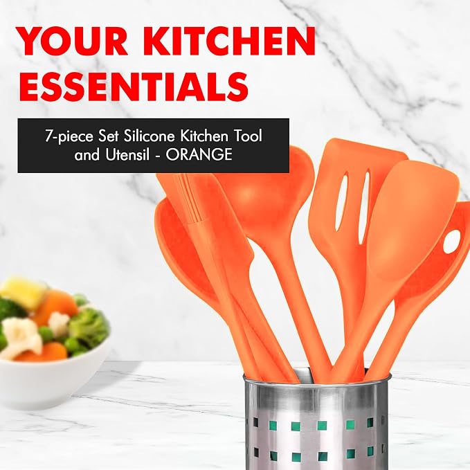 Chef Craft 7 Piece Silicone Kitchen Tool and Utensil Set, Orange (42078)