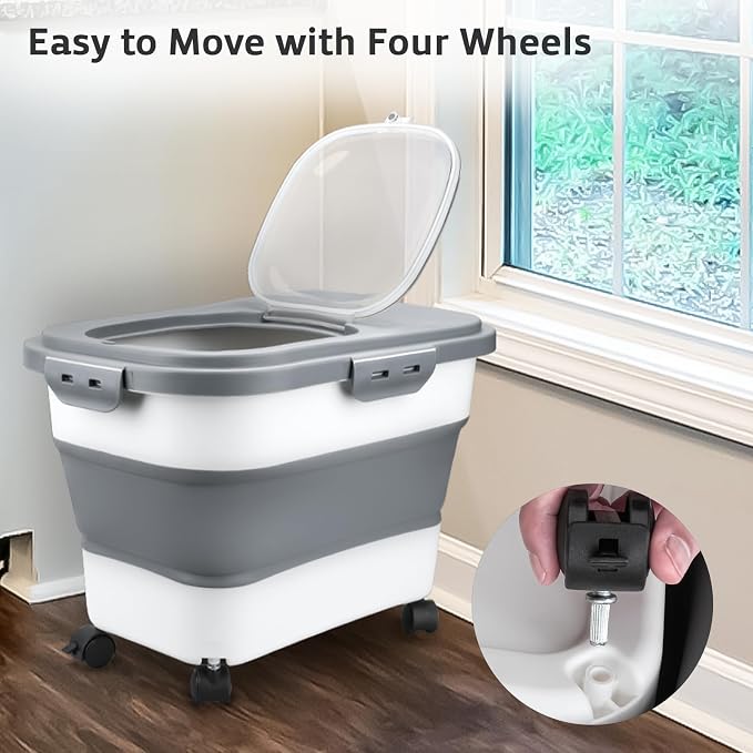 Rice Storage Containers, Collapsible 20 to 30Lbs Food Storage Bin Dispenser with Rolling Wheel and Clear Airtight Lid, BPA Free Flour, Sugar, Cereal and Dog Cat Pet food Containers