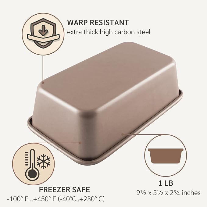 5 x 9 inch Nonstick Loaf Pan 1lb for Oven Baking, PFOA & BPA Free | | Non-Toxic - High Carbon Steel - Gold - Banana Bread Mold