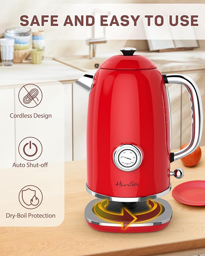 Harriet 61 oz Electric Kettle with Thermometer, Hot Water Pot, Retro | Electric Tea Kettle for Boiling Water, 1500W Stainless Steel Pot, Auto Shut-Off & Boil Dry Protection, Cordless LED Indicator
