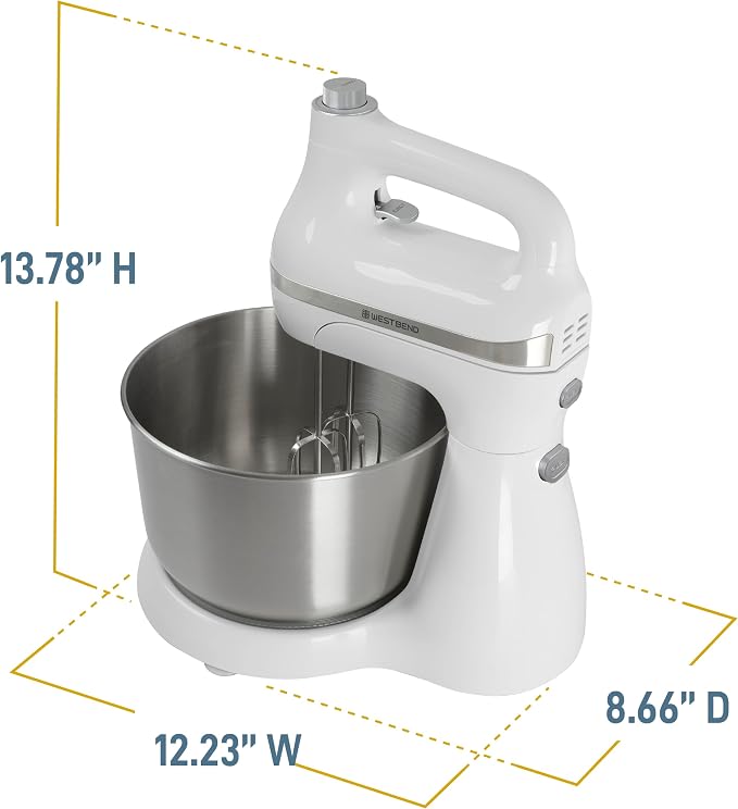 West Bend Two Sweet 2-in-1 Hand & Stand Mixer, 11 Speeds with Turbo Boost, 4.4 Qt Rotating Bowl, Dough Hooks, Beaters & Whisk, Tilt-Head Design, 550 Peak Watts, White