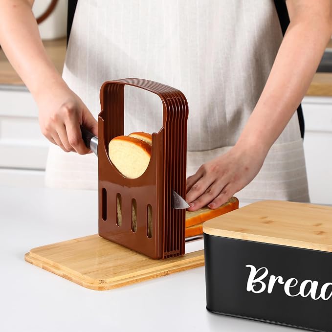 Teenyyou 2 Pcs Extra Large Bread Box with Slicer, Metal Bread Storage Container with Bamboo Cutting Board Lids, 2 Sizes Farmhouse Breadbox Set for Kitchen Countertop(Black)