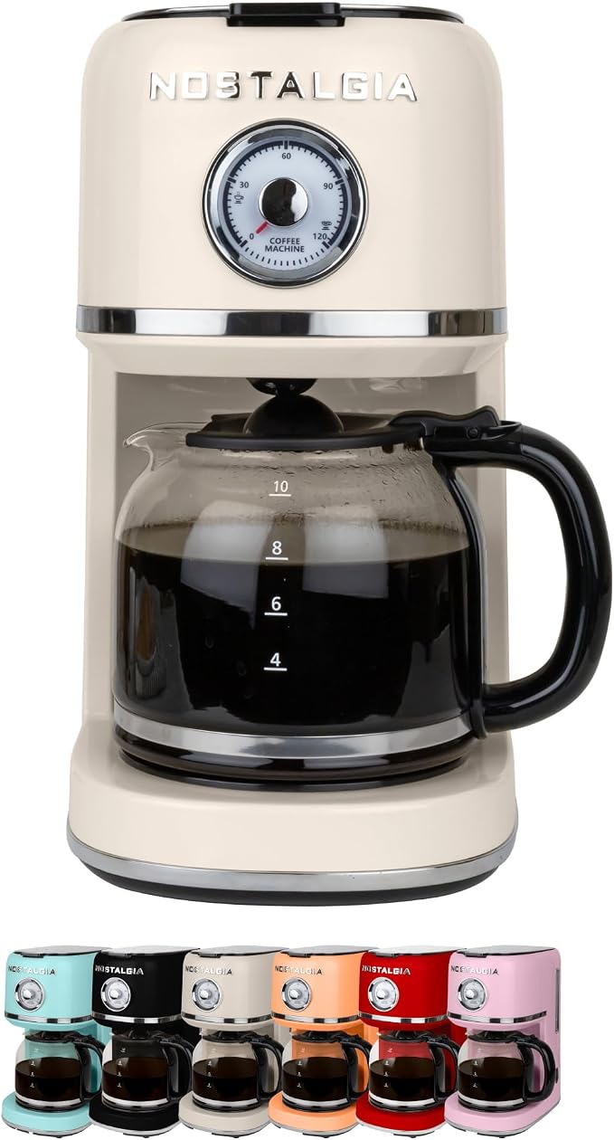 Nostalgia Classic Retro 10 Cup Coffee Maker - One-Touch Drip Brew, Reusable Filter - Anti-Drip, Auto Shutoff, & Time Display - Dishwasher Safe 50 oz Carafe - Cream