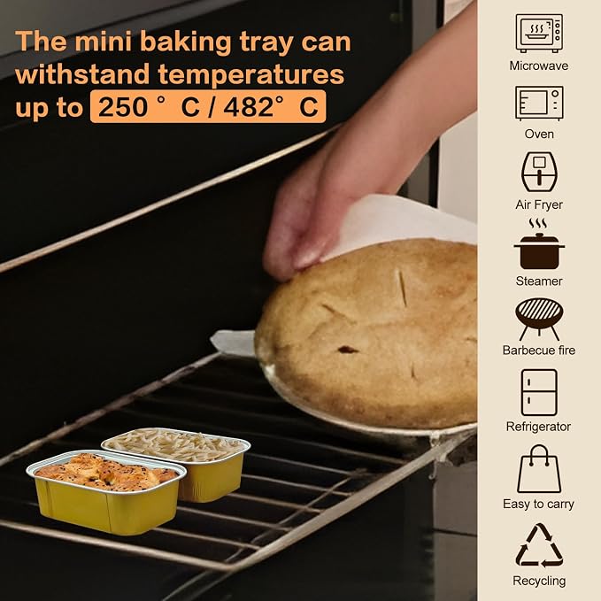 mini loaf pans with lids and spoons 50 Pack,5.5 oz Rectangle mini individual cake tins Disposable Small Aluminum Foil Baking pans(50, Gold)