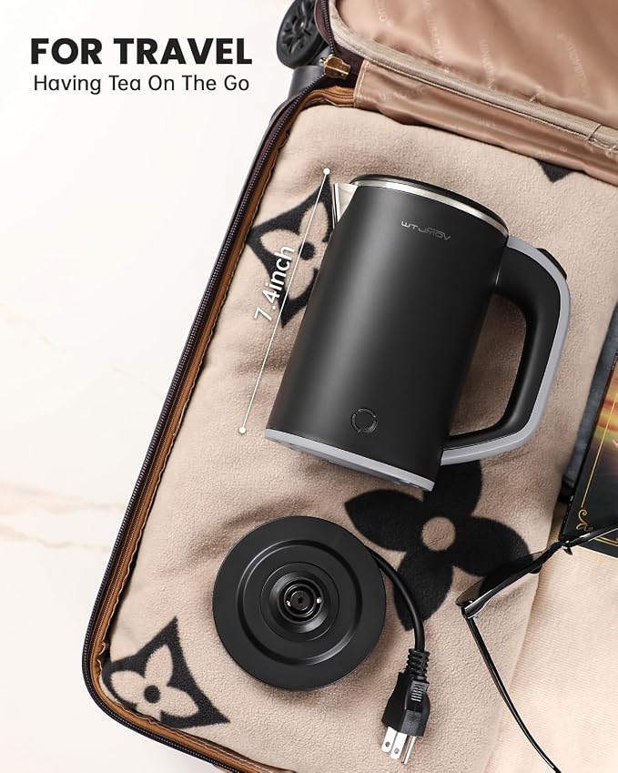 Small Kettle Electric, 0.8L Double Wall Portable Travel Kettle with 304 Stainless Steel, 600W Mini Hot Water Boiler with Auto Shut-off, Fast Boil, BPA-Free