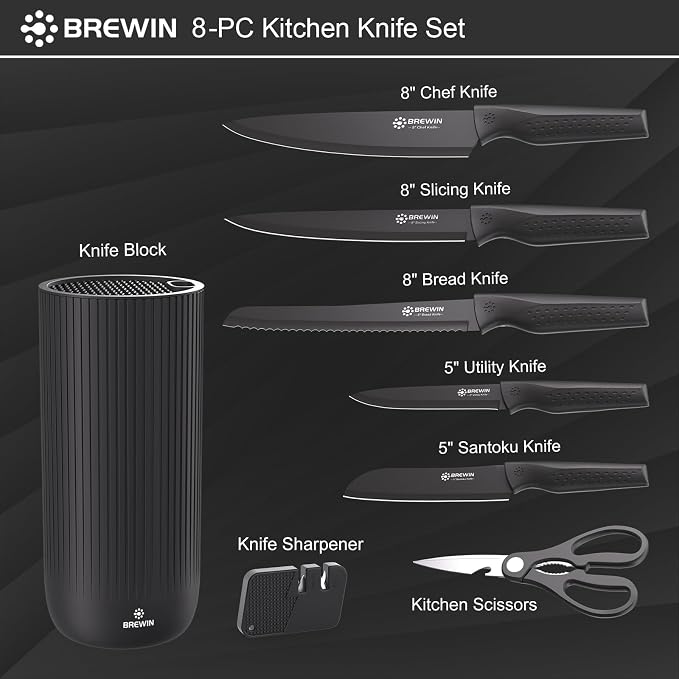 Knife Set, Brewin Kitchen Knife Set, Knives Set for Kitchen, Universal Knife Block, Utility Knife Block Set, New Home Essentials, Apartment Essentials, Camping essentials, RV Essentials
