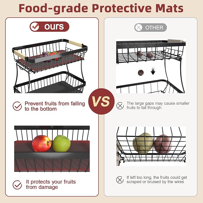 3-Tier Fruit Basket with Banana Hangers, Detachable Metal Bowl | Wooden handle, protective mats included. Versatile holder for bread, snacks, and veggies. Large 3 tier metal design.