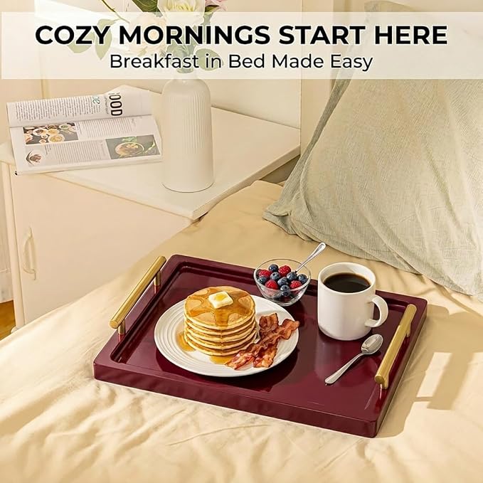 PEKER Wooden Serving Tray with Metal Handles, Black Decorative Coffee Table Tray for Breakfast in Bed, Ottoman & Home Décor, Wooden Food Tray for Kitchen
