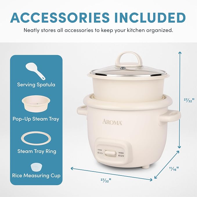 AROMA CoreCoat™ Mini Rice Cooker (3 Cups Cooked) with Nonstick Ceramic Pot Coating, Glass Lid, and Pop-Up Steamer Tray, 0.8 Quart