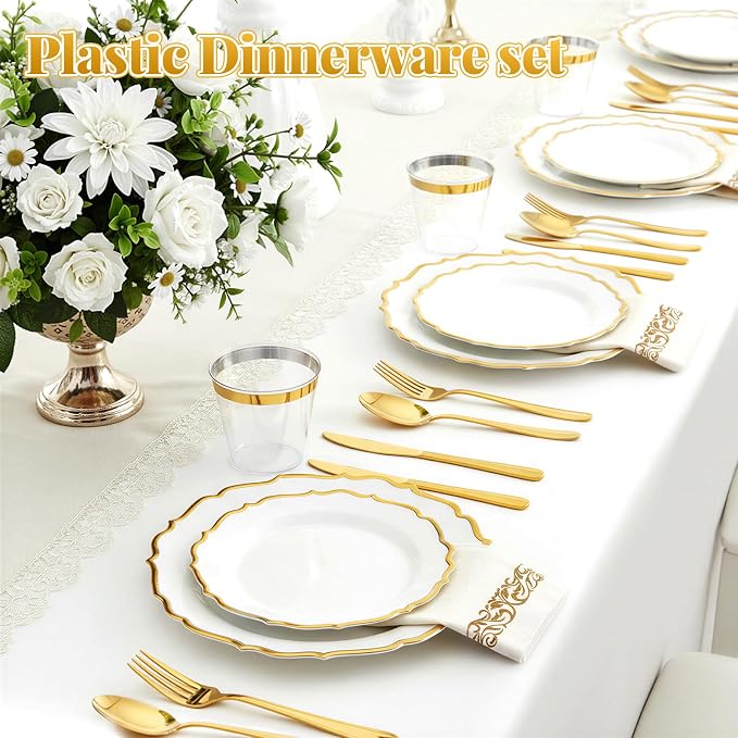 Glowserve 175 Piece Disposable Plastic Plates Dinnerware Set for 25 Guests | 50 Plastic Plates,25 Silverware Set,25 Cups and Napkins,Wedding Birthday,Family Party,Fancy Plastic Plates