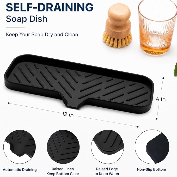 MicoYang Silicone Soap Dish with Drain Spout — Self-Draining Double Sink Organizer Tray for Kitchen & Bathroom, Dispensers, Sponges & Soap Holder, Non-Slip & Dishwasher Safe, Black (Large, 12"×4")
